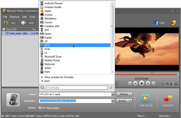 The Movavi Video Converter Vs Free Realplayer And Selecting Preset Formats And Devices