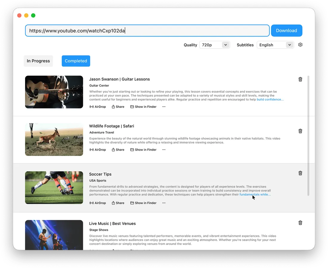 RealPlayer Downloader on macOS: a video link pasted in the address field, with completed downloads listed below and AirDrop, Share and Show in Finder on each one.