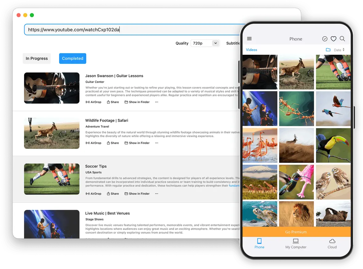 RealPlayer Downloader on a Mac beside RealPlayer Mobile on a phone, showing the same videos in a grid.