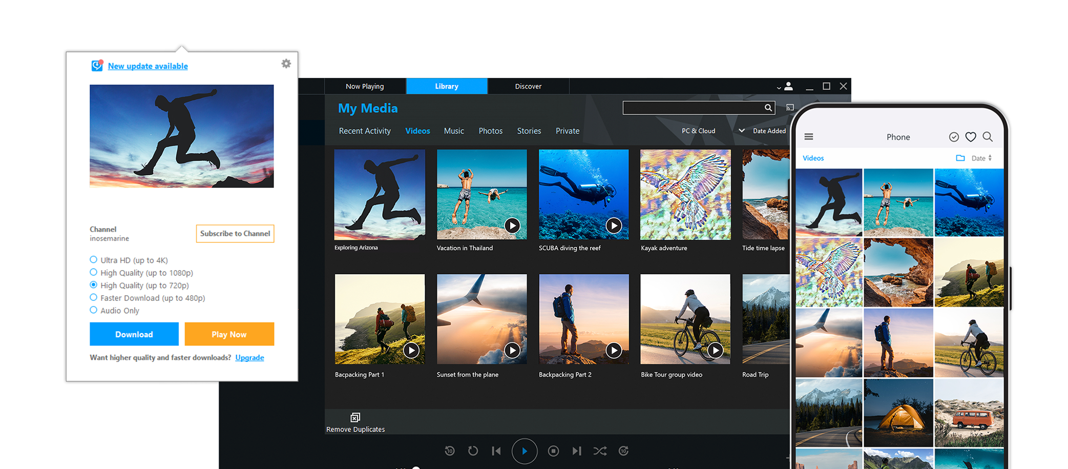 picture of RealPlayer PC and RealPlayer Mobile with main features as text: Netter than ever1-click Video Downloader, Dark Or Light Mode, Download videos directly to your phone, PLUS all the things you already love about RealPlayer