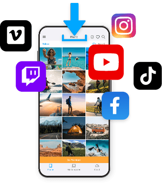 RealPlayer Mobile with hints of possible sources for download, such as: Vimeo, Instagram, Twitch, Youtube, Tiktok, Facebook.