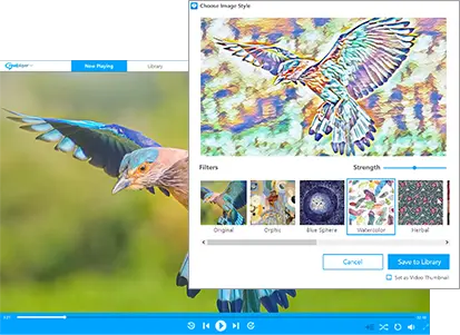 Screenshot of RealPlayer 25 applying AI image filters to a bird video frame, showing a watercolor effect preview and options to save the styled frame as a video thumbnail.