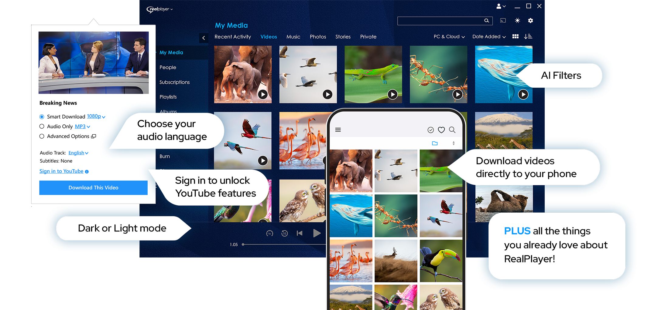 picture of RealPlayer PC and RealPlayer Mobile with main features as text: Netter than ever1-click Video Downloader, Dark Or Light Mode, Download videos directly to your phone, PLUS all the things you already love about RealPlayer
