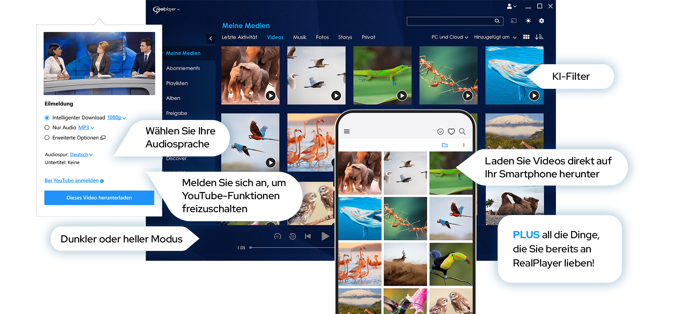 picture of RealPlayer PC and RealPlayer Mobile with main features as text: Netter than ever1-click Video Downloader, Dark Or Light Mode, Download videos directly to your phone, PLUS all the things you already love about RealPlayer