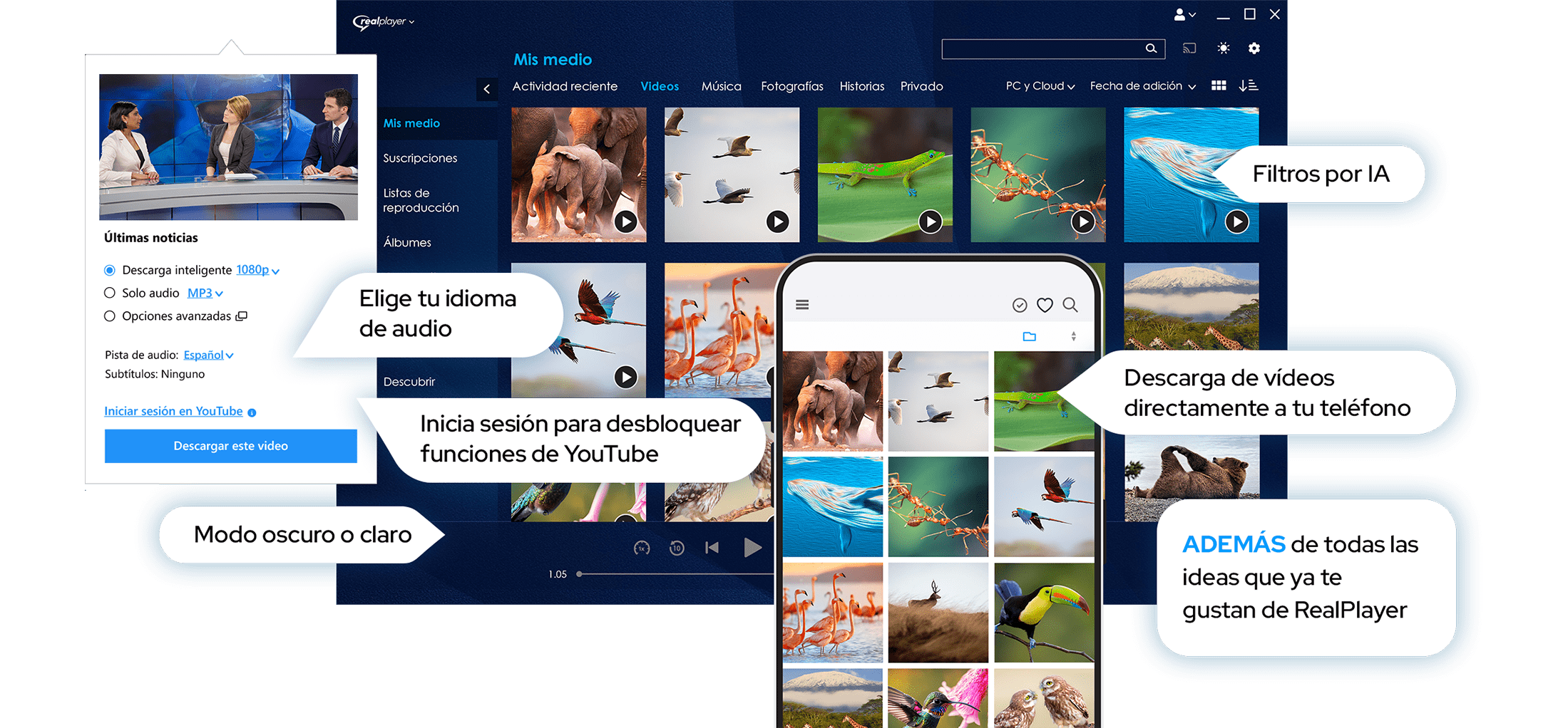 picture of RealPlayer PC and RealPlayer Mobile with main features as text: Netter than ever1-click Video Downloader, Dark Or Light Mode, Download videos directly to your phone, PLUS all the things you already love about RealPlayer