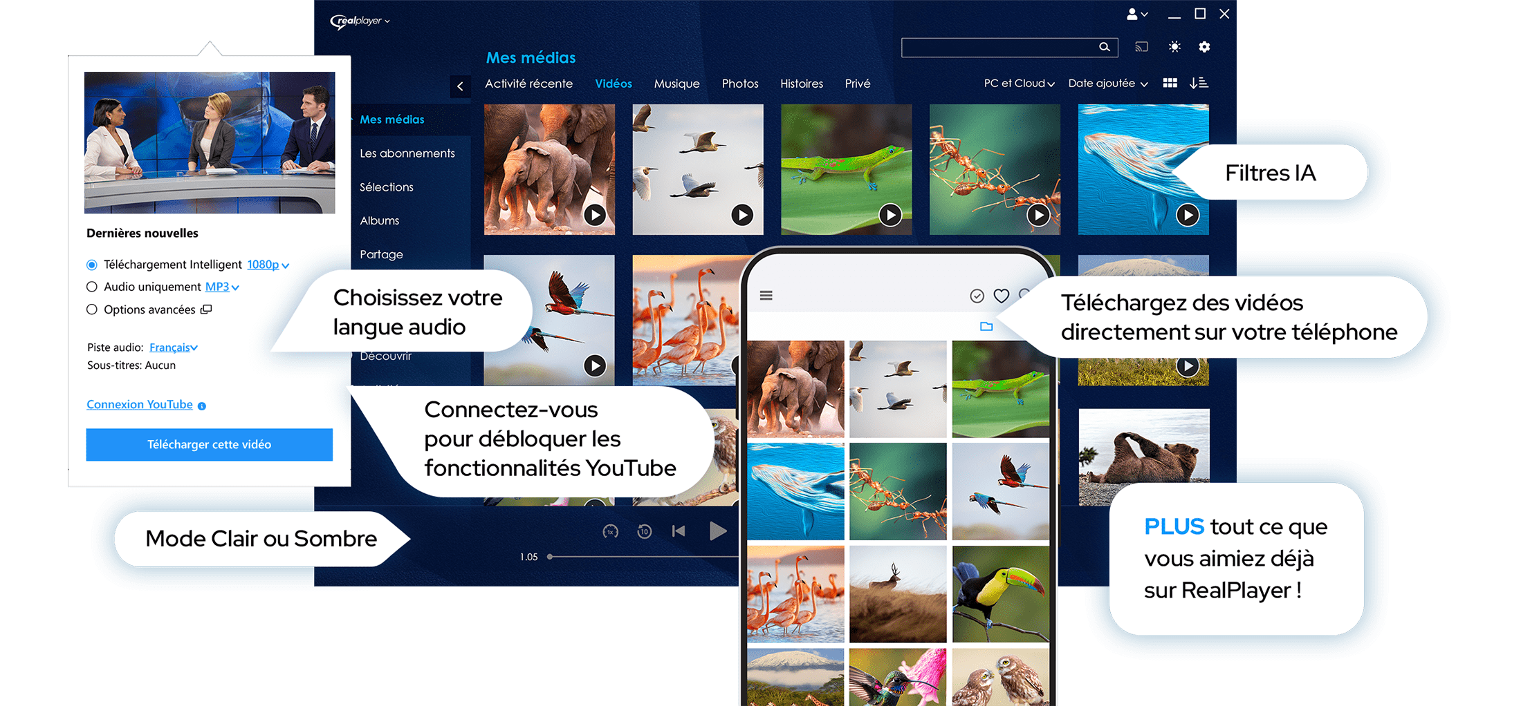 picture of RealPlayer PC and RealPlayer Mobile with main features as text: Netter than ever1-click Video Downloader, Dark Or Light Mode, Download videos directly to your phone, PLUS all the things you already love about RealPlayer